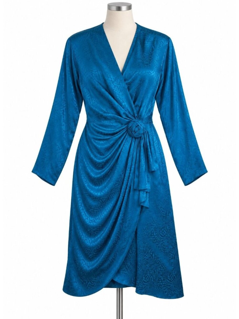 Vtg Argenti Turquoise Silk Long Sleeve Dress 12 Ruched Rosette Waist Retro 80s